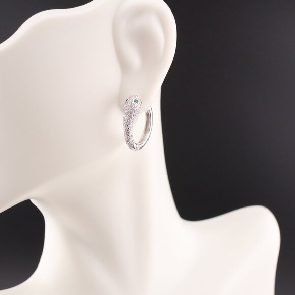 Women's Sterling Silver Snake Hoop Earrings with Green CZ Eyes Unique & Bold ** - Picture 3 of 9